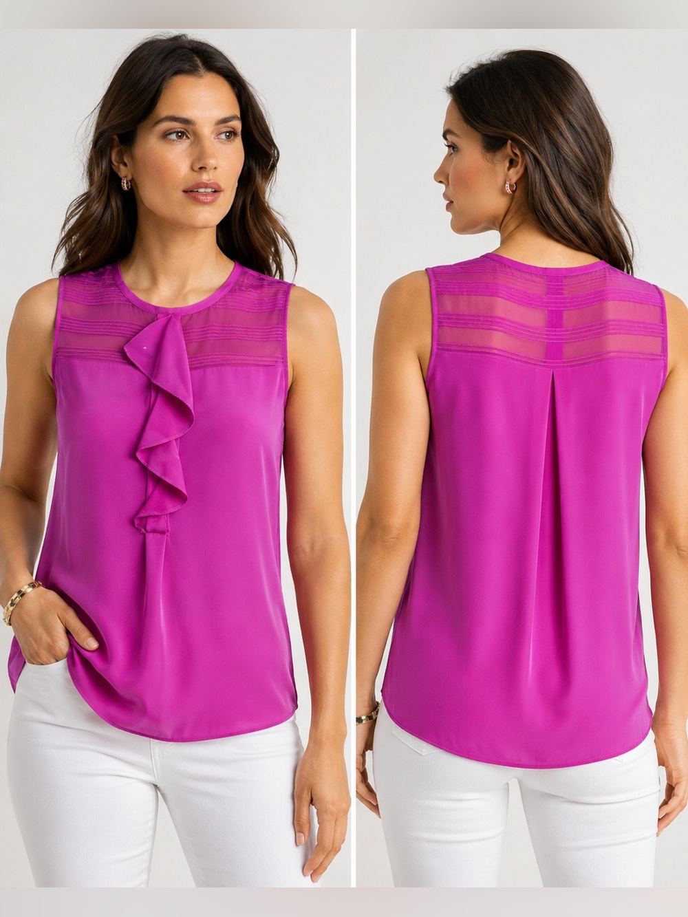 NWT Elie Tahari 100% Silk Fuchsia Ruffle Neck Sleeveless Blouse L MSRP $228